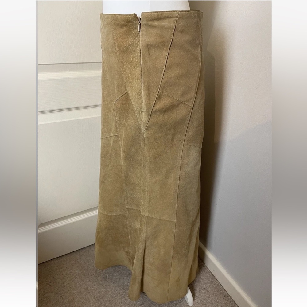 Genuine suede Size 12 skirt lined panelled sections Camel Tan Midi Y2K 00s 90s - Picture 6 of 12